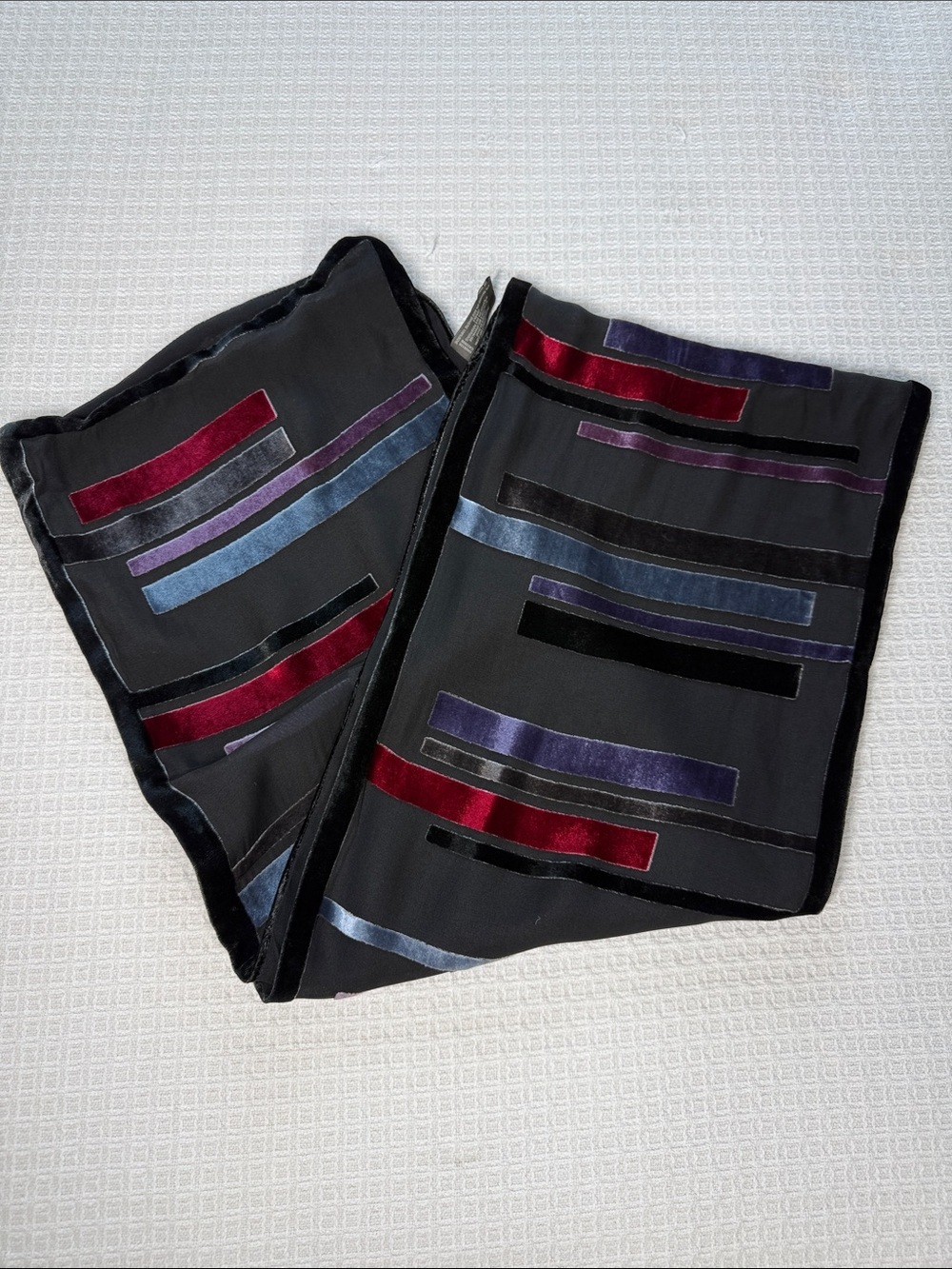 Echo black silk velvet burnout scarf with colorblock stripes